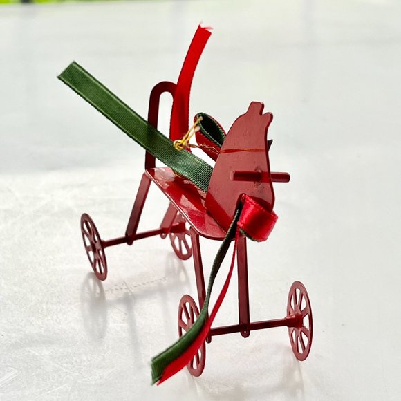 Vintage Rocking Horse Christmas Tree Ornament Red Diecast Metal Holly Taiwan - Picture 5 of 9